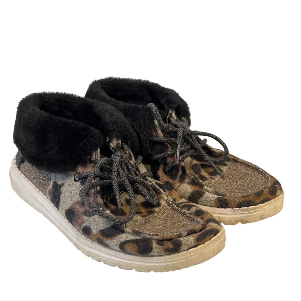 Hey Dude Women's Tan Black Leopard High Top Fur Tie Slip On Shoes Comfort Size 6